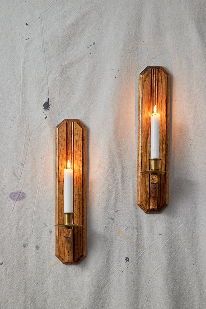 Set of wood & brass candle sconces