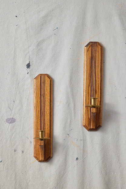 Set of wood & brass candle sconces