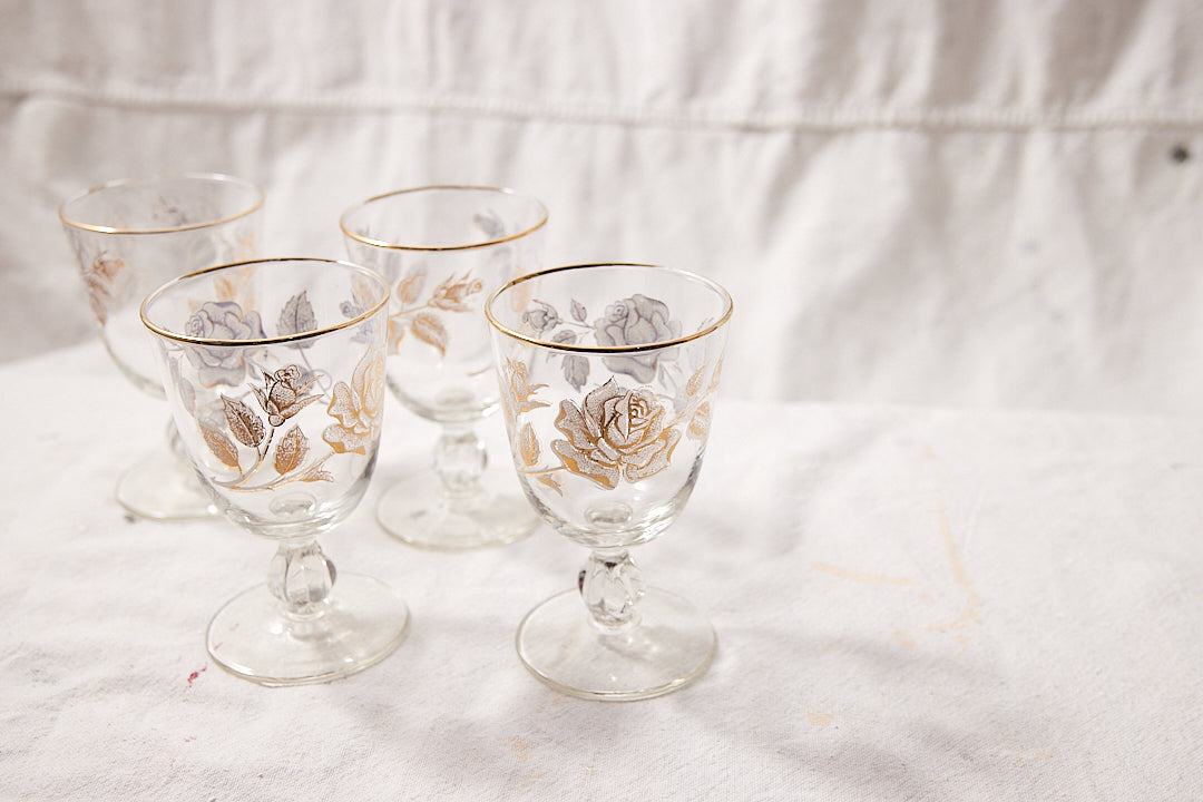 Set of 4 Mid-Century Rose Printed Goblets